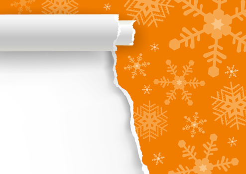 Illustration of orange torn paper background with snowflakes and place for your text or image. Vector available.