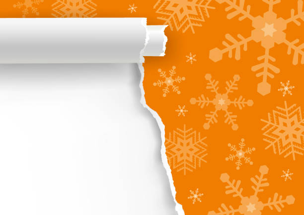 Christmas ripped paper, orange background. Illustration of orange torn paper background with snowflakes and place for your text or image. Vector available. christmas paper stock illustrations