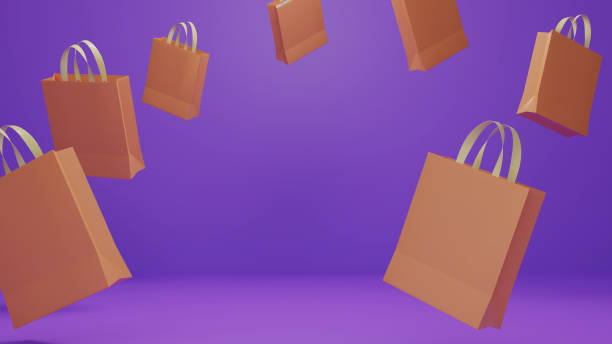 farbe papier einkaufstasche schwebend auf lila hintergrund für einkaufskonzeptidee, 3d-rendering - shopping bag orange bag handle stock-fotos und bilder