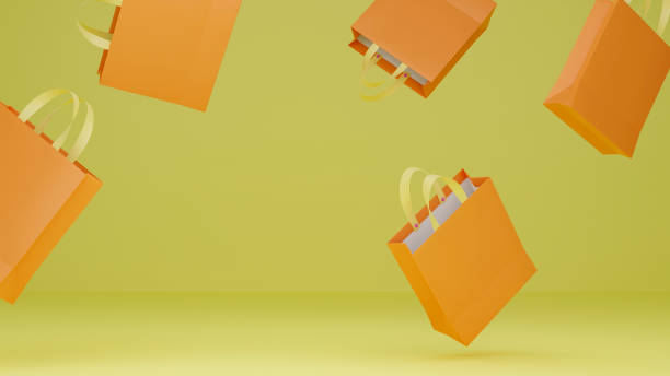 farbe papier einkaufstasche schwebend auf gelbem hintergrund für einkaufskonzeptidee, 3d-rendering - shopping bag orange bag handle stock-fotos und bilder