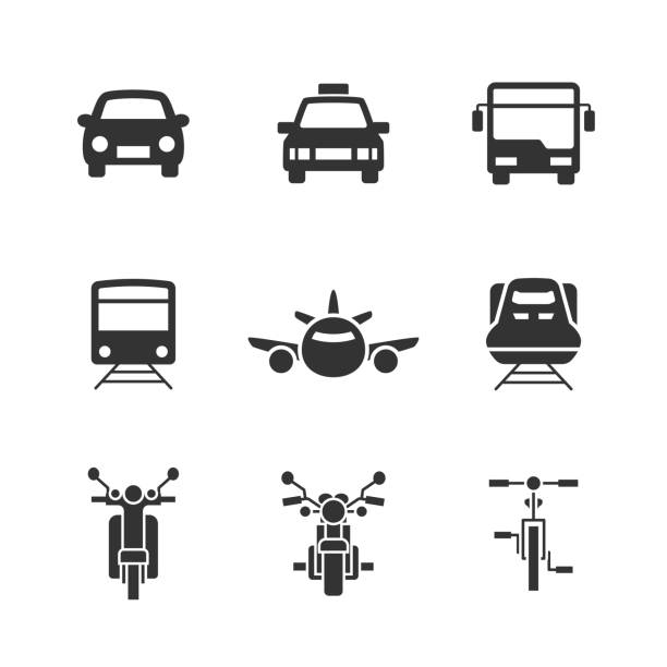 Monochrome icon set for transportation Monochrome icon set of transportation. train vehicle front view stock illustrations