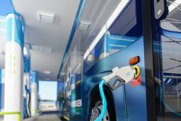 hydrogen refueling the bus on the filling station for eco friendly transport - hidrojen stok fotoğraflar ve resimler