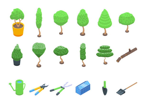 Tree trimming icons set isometric vector. Chainsaw tree Tree trimming icons set isometric vector. Chainsaw tree. Woodcutter work branch trimmers stock illustrations