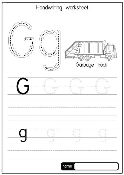 Vector illustration of Black and white vector illustration of Garbage truck   with alphabet letter G Upper case or capital letter for children learning practice ABC