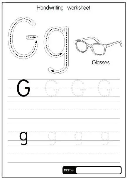Vector illustration of Black and white vector illustration of Glasses with alphabet letter G Upper case or capital letter for children learning practice ABC