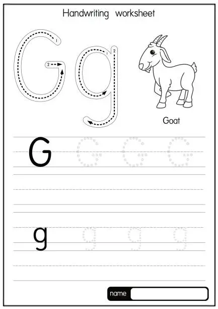 Vector illustration of Black and white vector illustration of Goat with alphabet letter G Upper case or capital letter for children learning practice ABC