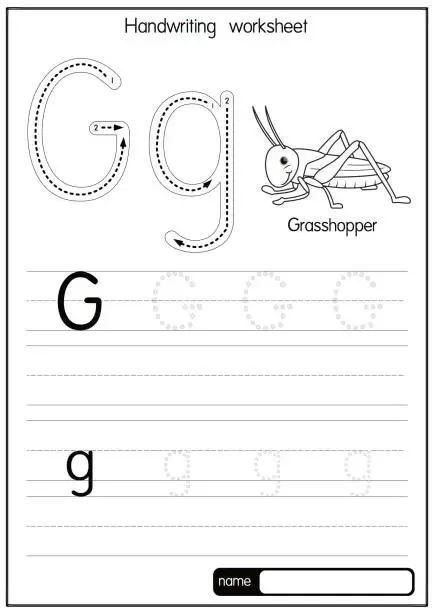 Vector illustration of Black and white vector illustration of Grasshopper with alphabet letter G Upper case or capital letter for children learning practice ABC