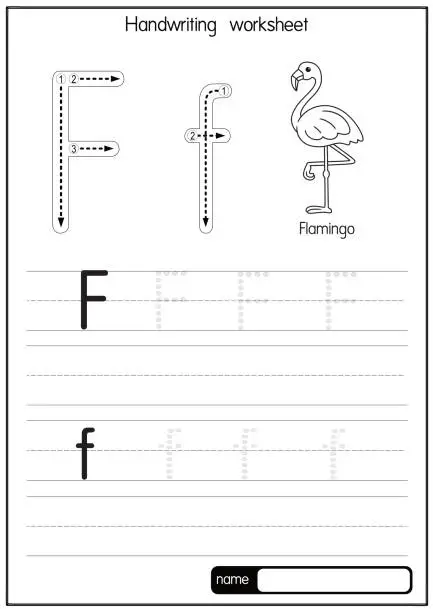 Vector illustration of Black and white vector illustration of Flamingo with alphabet letter F Upper case or capital letter for children learning practice ABC