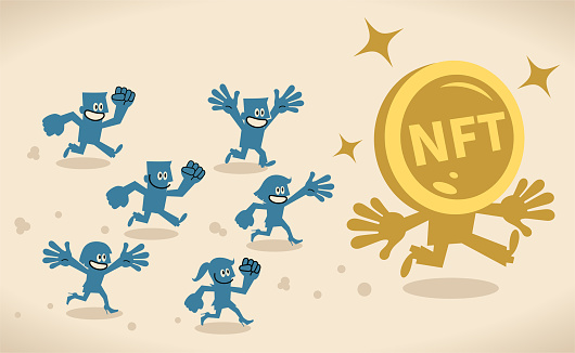 Blue Little Characters Vector Art Illustration.
Pursuit of NFT (Non-Fungible Token).