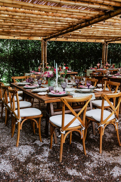 istock terrace with tables setup with flowers and plates on table decorated for Wedding Reception in Latin America 1359079722