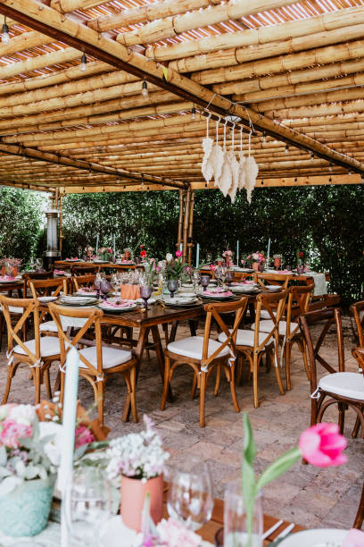 istock terrace with tables setup with flowers and plates on table decorated for Wedding Reception in Latin America 1359079803