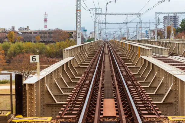 Photo of Steel rails that extend straight over the railway bridge