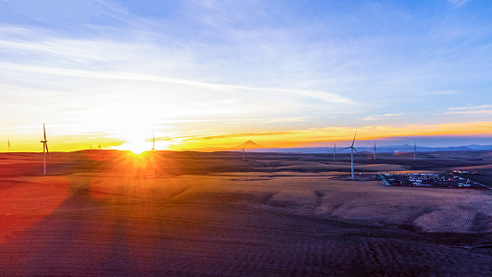 Aerial View of Wind Turbine in Oregon at Sunset