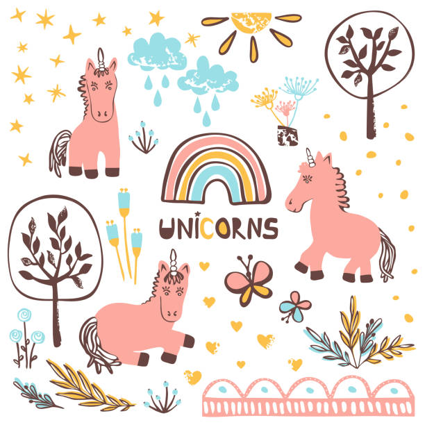 만화 벡터 요소 - unicorn horse magic fairy tale stock illustrations