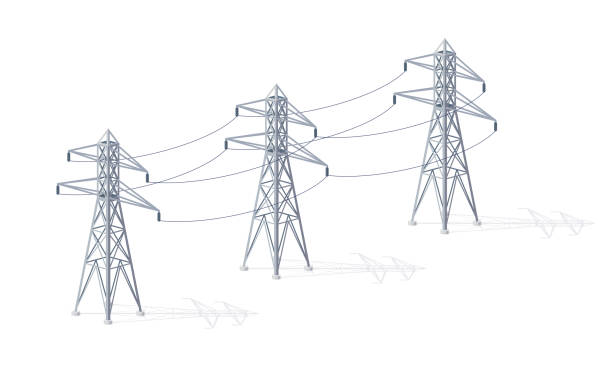High voltage electricity grid tower pylons. High voltage electricity distribution grid pylons. Flat vector illustration of utility electric transmission network providing energy supply. Electrical power lines isolated on white background. electrical tower illustration stock illustrations