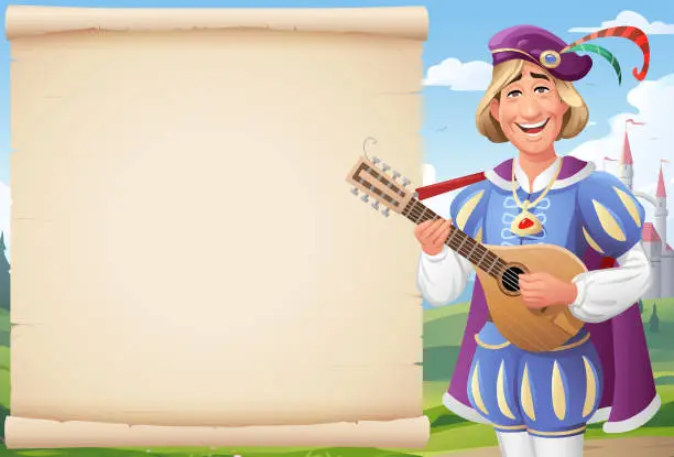 Vector illustration of Bard With Lute In Front of Parchment