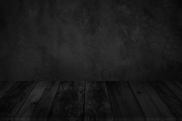 istock Empty wooden table top on black dark concrete wall background, Design wood counter white. Perspective for show space for your copy and branding. Can be used as product display montage. 1359088276