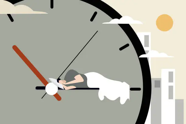 Vector illustration of Conceptual illustration of a man sleeping over the minute handle of a clock