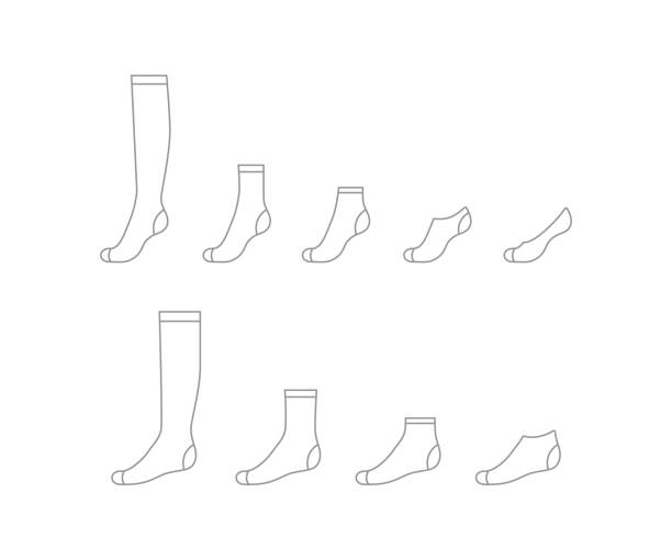 Set sock for man and woman from long to short, outline template. Sport and regular sock. Technical mockup clothes side view. Vector contour illustration Set sock for man and woman from long to short, outline template. Sport and regular sock. Technical mockup clothes side view. Vector illustration sock stock illustrations