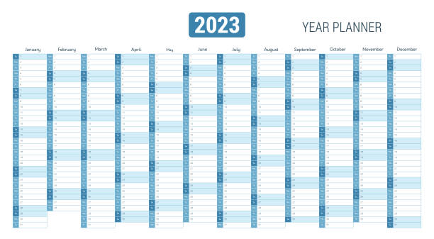 ÐÑÐ°ÑÐ¸ÐºÐ° Ð¸ Ð¸Ð»Ð»ÑÑÑÑÐ°ÑÐ¸Ð¸ Year planner, calendar for 2023 with monthly vertical grid in minimal blue style. Template planner for schedule, events and holidays. Vector business organizer, calender grid annual event stock illustrations