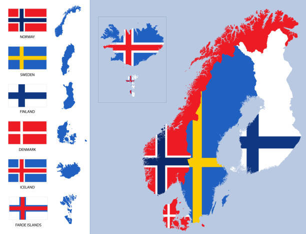 ilustrações, clipart, desenhos animados e ícones de mapa detalhado da escandinávia com silhuetas e bandeiras do país - flag countries symbol scandinavian