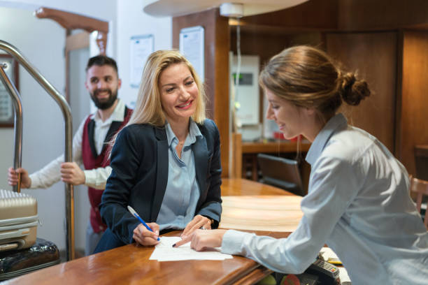 istock Modern young woman staying in a hotel 1359095492