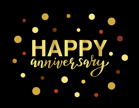 Happy Anniversary design with golden lettering text and colorful confetti around on the black background. Vector illustration for greeting card, banner, poster, invitation.