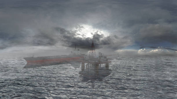 piattaforma petrolifera con nave cisterna a gas, - oil rig sea oil storm foto e immagini stock