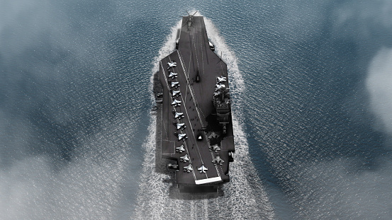 High altitude view of Aircraft carrier in the ocean
