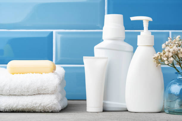 istock Soap and toiletries on shelf in blue bathroom 1359097983