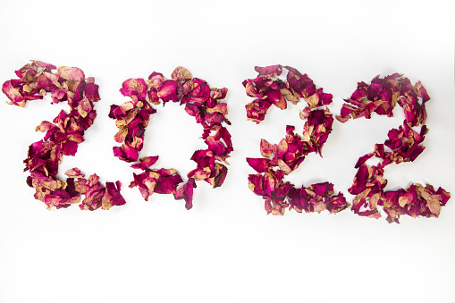 Rose Petals shape 2022, new year concept isolated on white background copy space, romantic Valentines Day design, Happy new year Holiday space for text