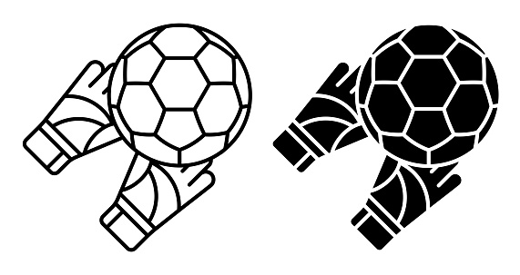 Linear icon. Goalkeeper gloved hands catch flying soccer ball. Football goalie gear to protect football goals. Simple black and white vector isolated on white background