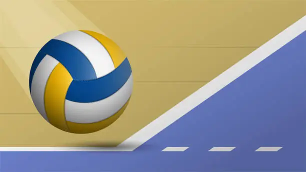 Vector illustration of realistic volleyball ball flies in line of court. Volleyball tournament concept. Sport equipment. Background for design sport competitions. Vector