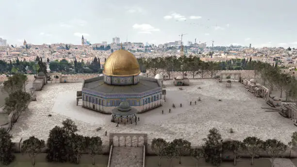 Drone view from the old city of Jerusalem, Temple Mount Mosque Entrance, 2021