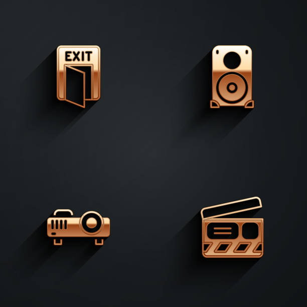 istock Set Fire exit, Stereo speaker, Movie, film, media projector and clapper icon with long shadow. Vector 1359101851