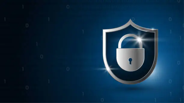 Vector illustration of Lock and shield. Data protection. Security concept. Data encryption on the Internet and on electronic devices. Binary digits on dark blue background. 3d realistic vector