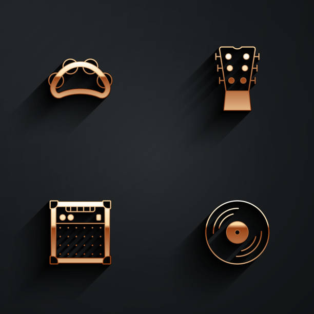 istock Set Tambourine, Guitar neck, amplifier and Vinyl disk icon with long shadow. Vector 1359103347