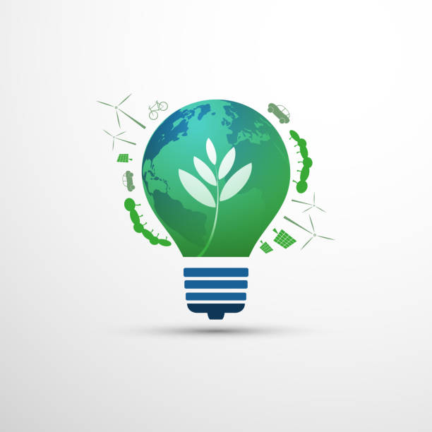 Eco Energy Concept Green Eco Energy, Carbon Neutrality Concept Design with Symbols of Various Alternative Energy Solutions, Trees, Forest, Green Transportation - Earth Globe Inside of a Light Bulb  - Vector Design better world stock illustrations