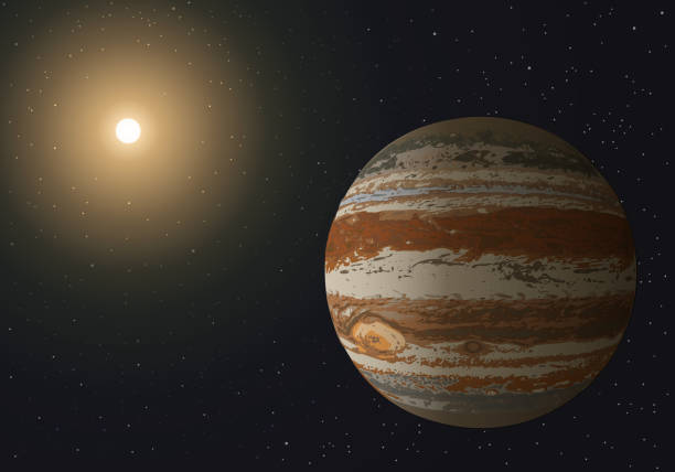 A view of the solar system, with the planet Jupiter in close-up and the sun in the middle of the infinite space of the universe.