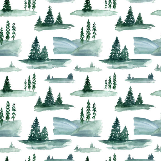 Watercolor woodland seamless pattern. Hand painted fir trees, mountain with splash texture isolated on white background. Winter forest background in monochrome blue color for wallpaper, print, design. Watercolor woodland seamless pattern. Hand painted fir trees, mountains with splash texture isolated on white background. Winter forest background in monochrome blue color for wallpaper, print, design splash mountain stock illustrations