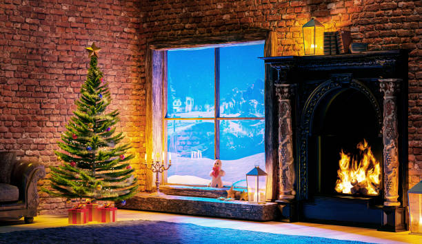 istock 3D render of cozy Christmas interior with fireplace. 1359109719