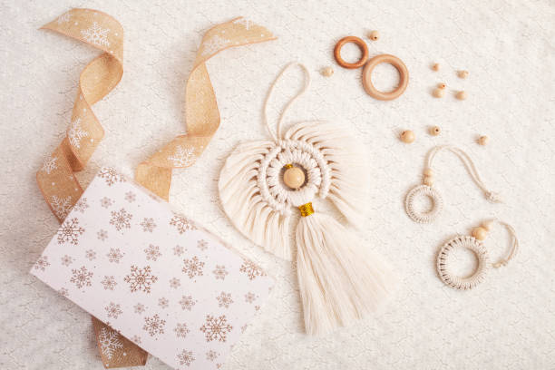 istock Christmas macrame decor. Christmas angel and decorative elements on white backgtound. Natural materials - cotton thread, wood beads. Eco decorations, ornaments, hand made decor. Copy space 1359112291