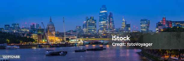 London St Pauls Cathedral City Skyscrapers Illuminated Thames Night Panorama Stock Photo - Download Image Now