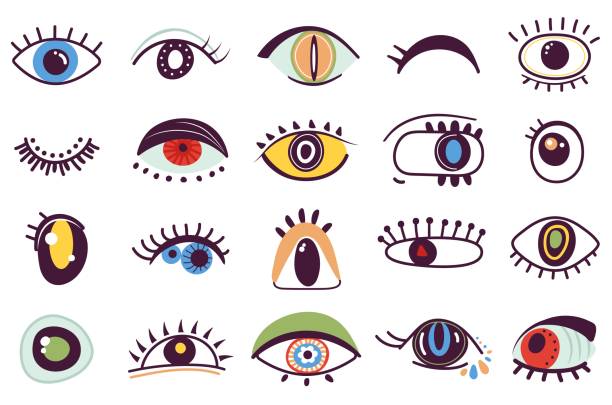 istock Hand drawn abstract eyes. Girly eye, ink drawing faces elements. Doodle style symbols, isolated modern decoration graphic, decent vector set 1359114275