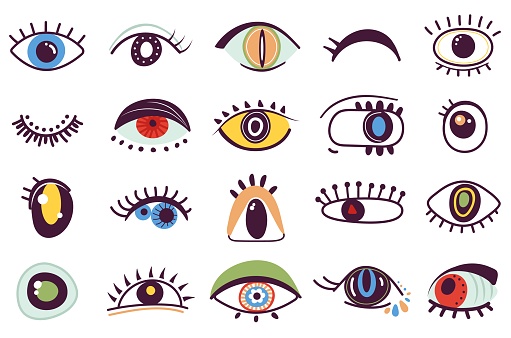 Hand drawn abstract eyes. Girly eye, ink drawing faces elements. Doodle style symbols, isolated modern decoration graphic, decent vector set. Illustration of girly graphic eye collection