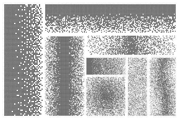 분산 된 요소입니다. 분해, 픽셀 용해 제곱 효과. 픽셀화 모양, 분산 조각. 플랫 블랙 파괴 최근 벡터 요소 - pixelation stock illustrations