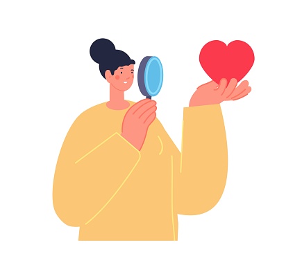 Woman look at heart. Independent girl with magnifying glass. Female power, mistrust and indecision. Romantic love vector character. Illustration of independence pretty woman