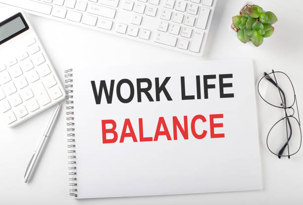 istock Office desk table with keyboard, notepad and calculator. Top view with text WORK LIFE BALANCE 1359115283