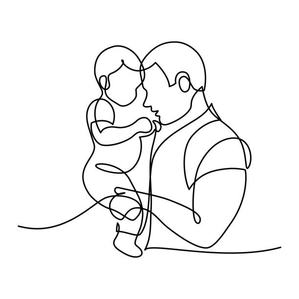 Dad and son bonding Affectionate father with his little child in continuous line art drawing style. Minimalist black linear sketch isolated on white background. Vector illustration son stock illustrations