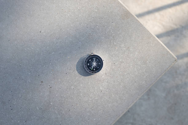 Business concepts, prospects for business, The compass is placed on the rocks in the hand and data is analyzed using stock market graphs on screen, financial data and technology